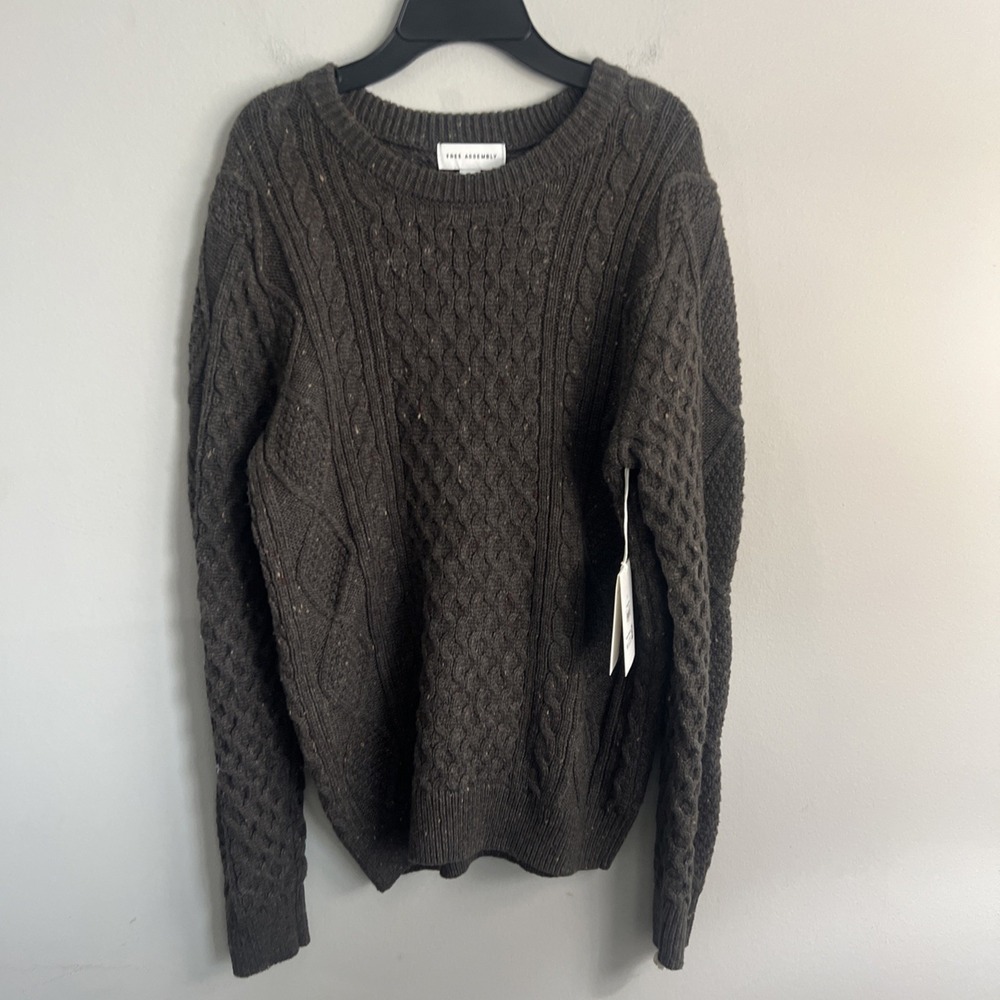 Free Assembly Sweater Mens Small Brown Cable Knit Crewneck Pullover Tweed